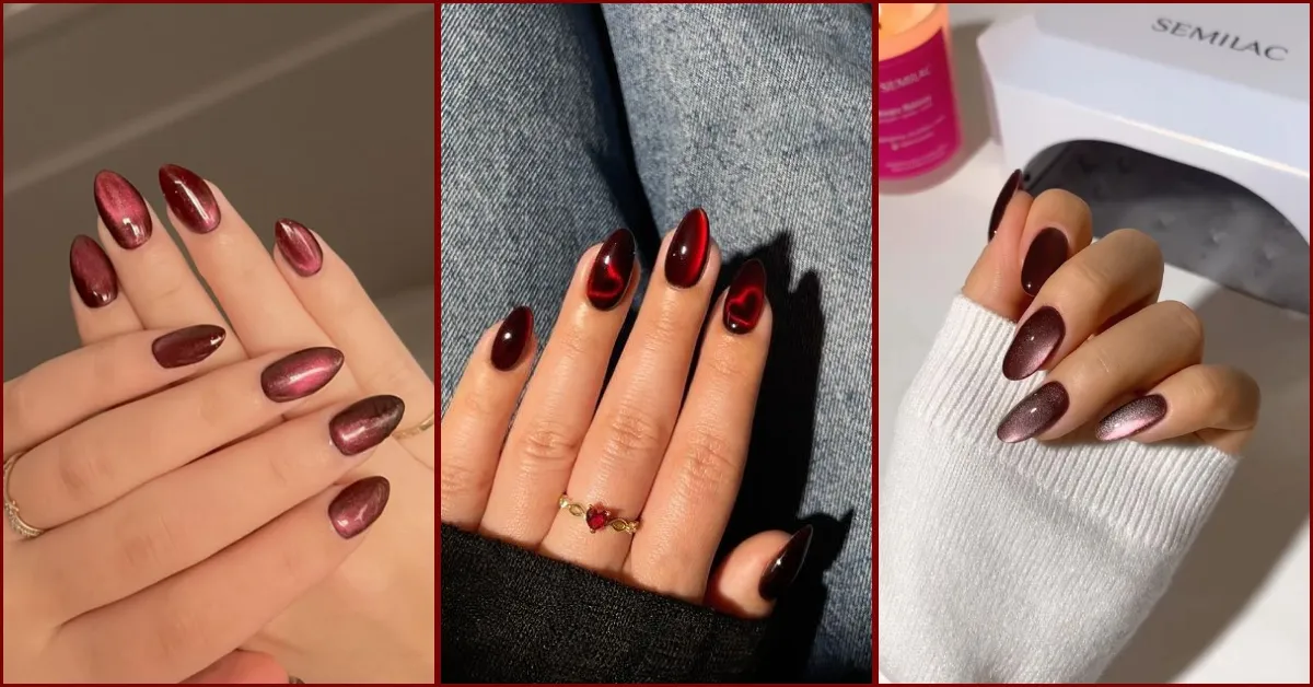 25 Eye-Catching Nail Art Cat Eye Maroon Ideas That Slay Mode