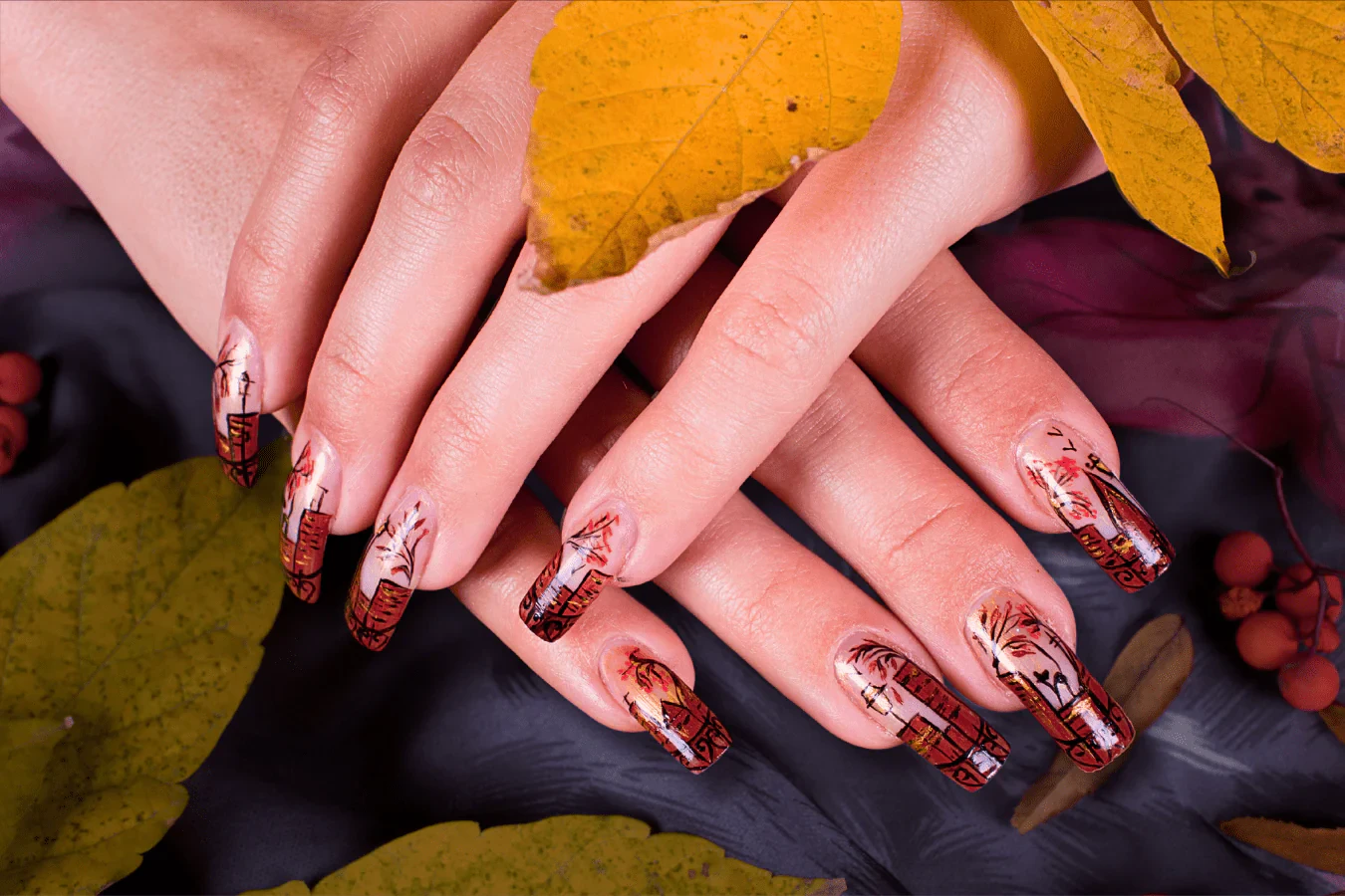 41 Maroon Leaf Motif Nail Art