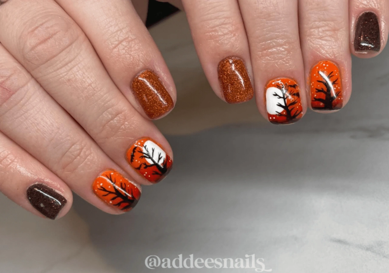 29 Chic Maroon Forest Motif Nail Design 2025 Bold Aura