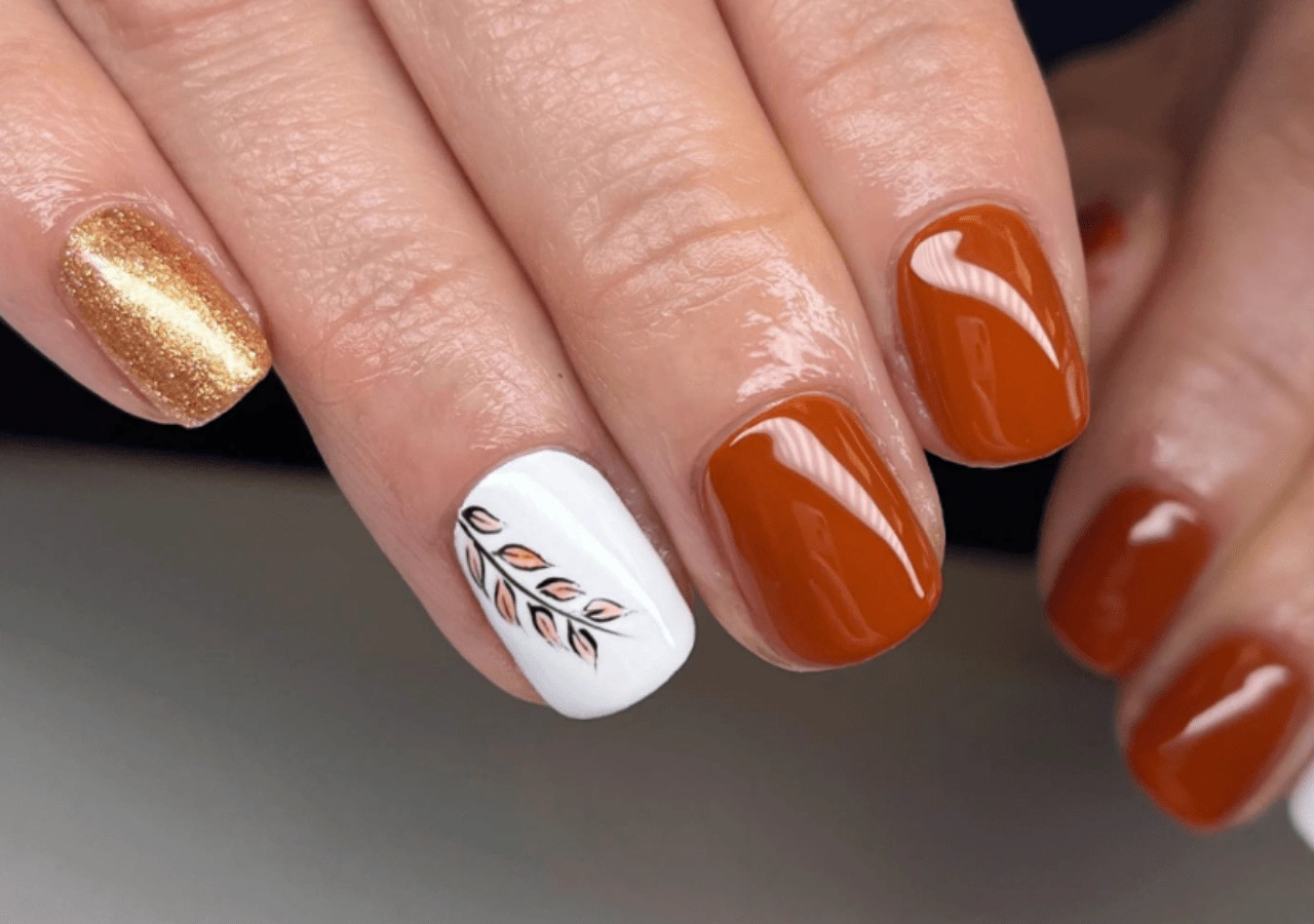 32 Autumnal Nail Leaf Motif Fall Designs Sparkle Daily