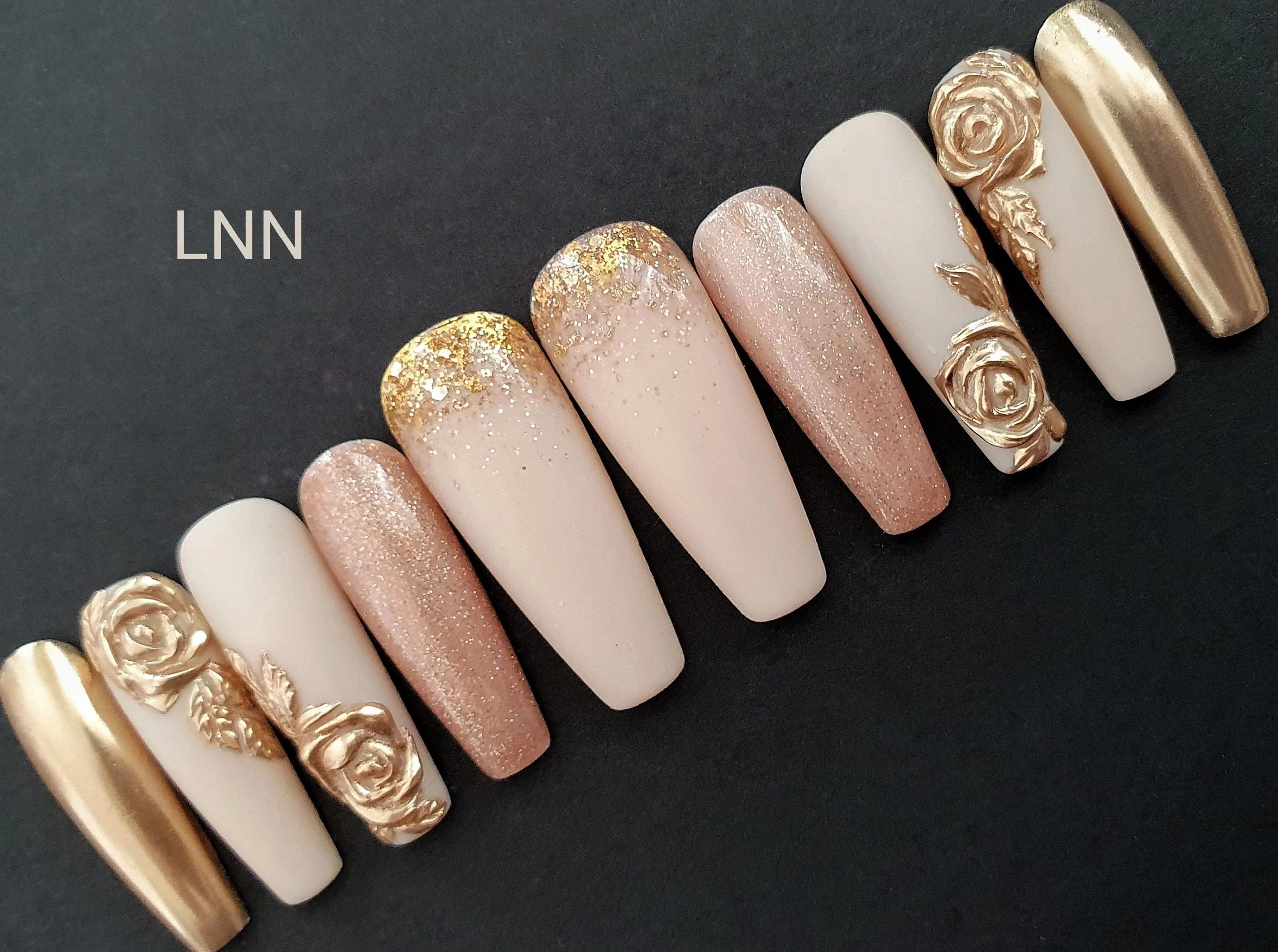 Classic Nude Base With Gold Filigree Nails