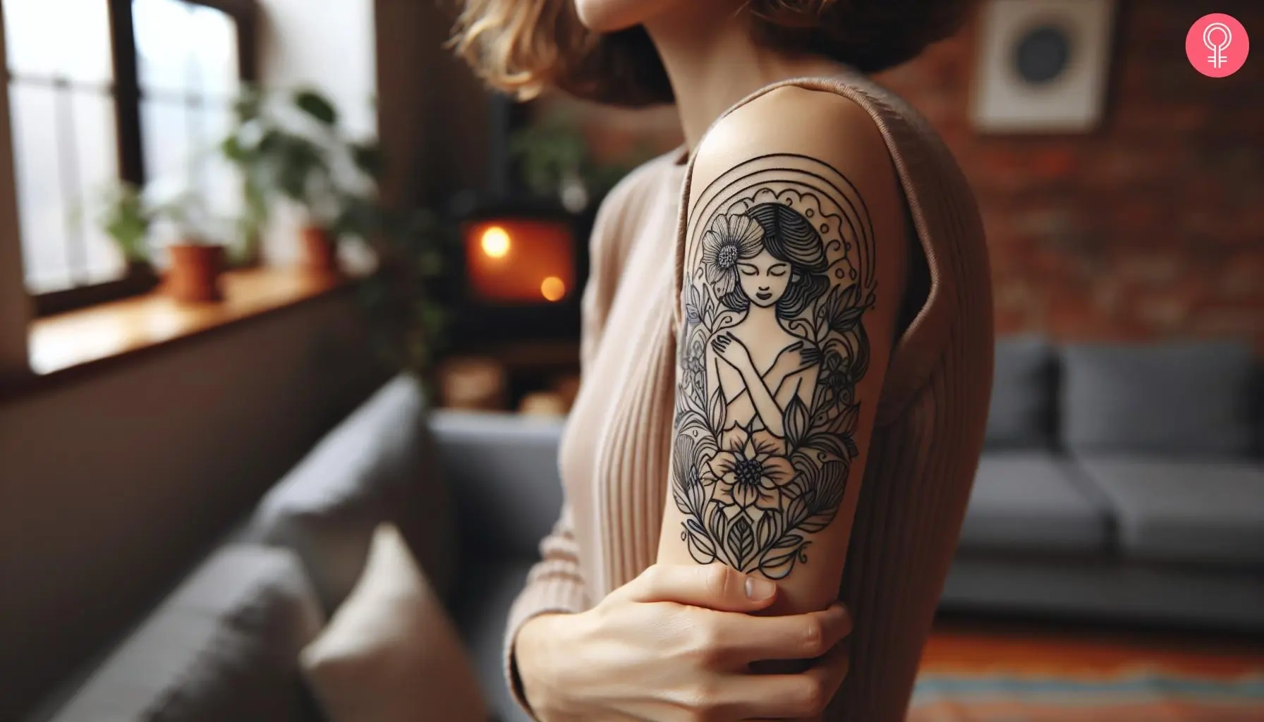 Female Figure Body With Flower Head Tattoo