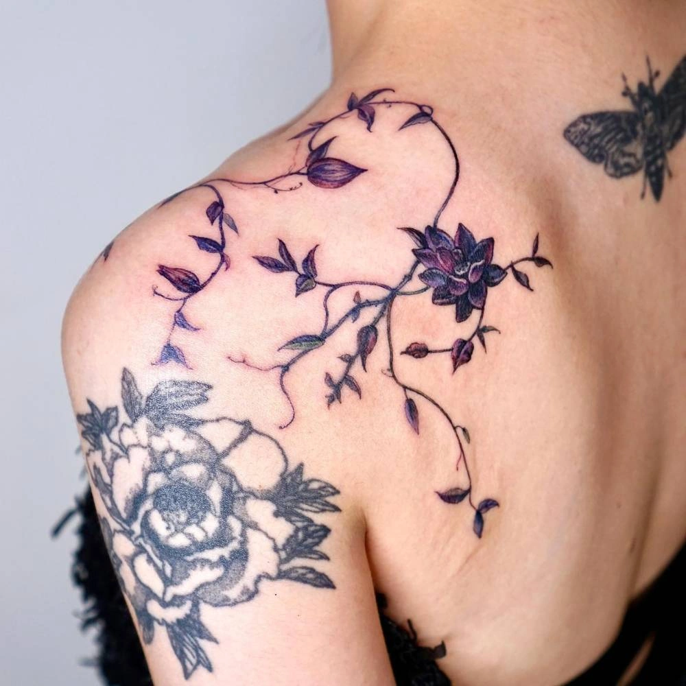 16 Radiant Charm: Flower Vine Tattoos On Shoulder