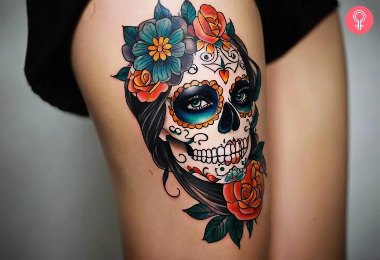 11 Bold Spirit: Women’S Sugar Skull Thigh Tattoo Stuns